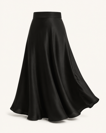 Noir Flow black satin maxi skirt, outfit-only view