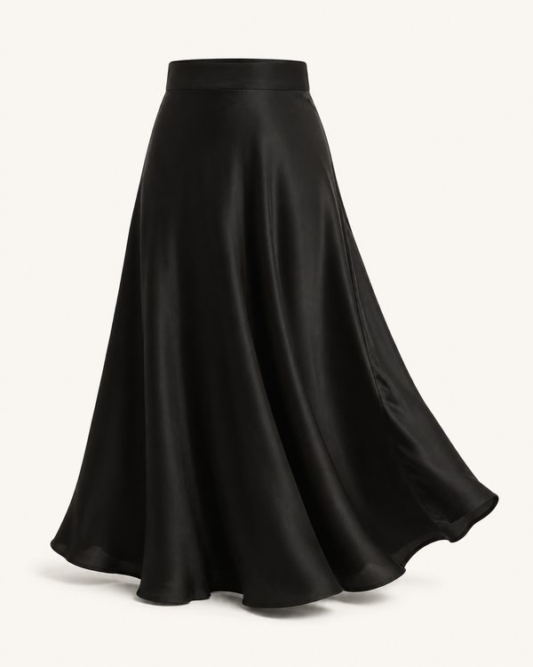 Noir Flow black satin maxi skirt, outfit-only view
