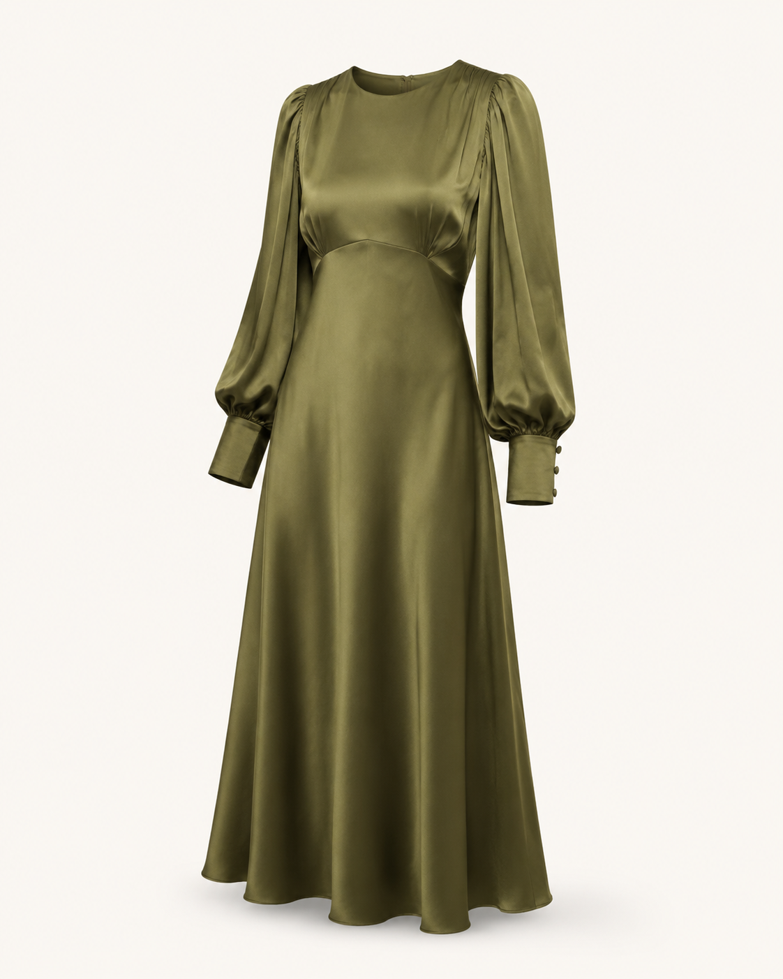 Olivia olive green silk dress, outfit-only view