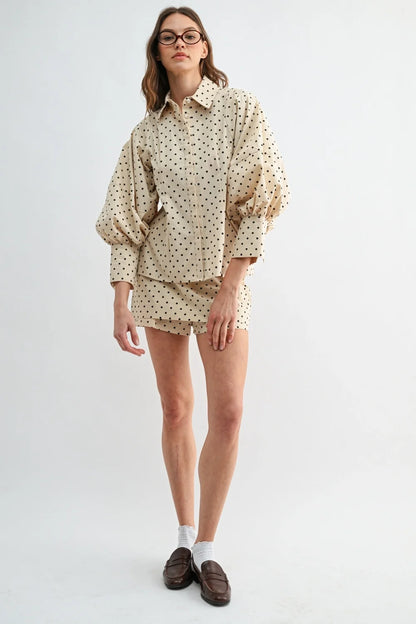 Taupe Polka Puff Sleeve polka-dot blouse - Timeless by Waliya Noor