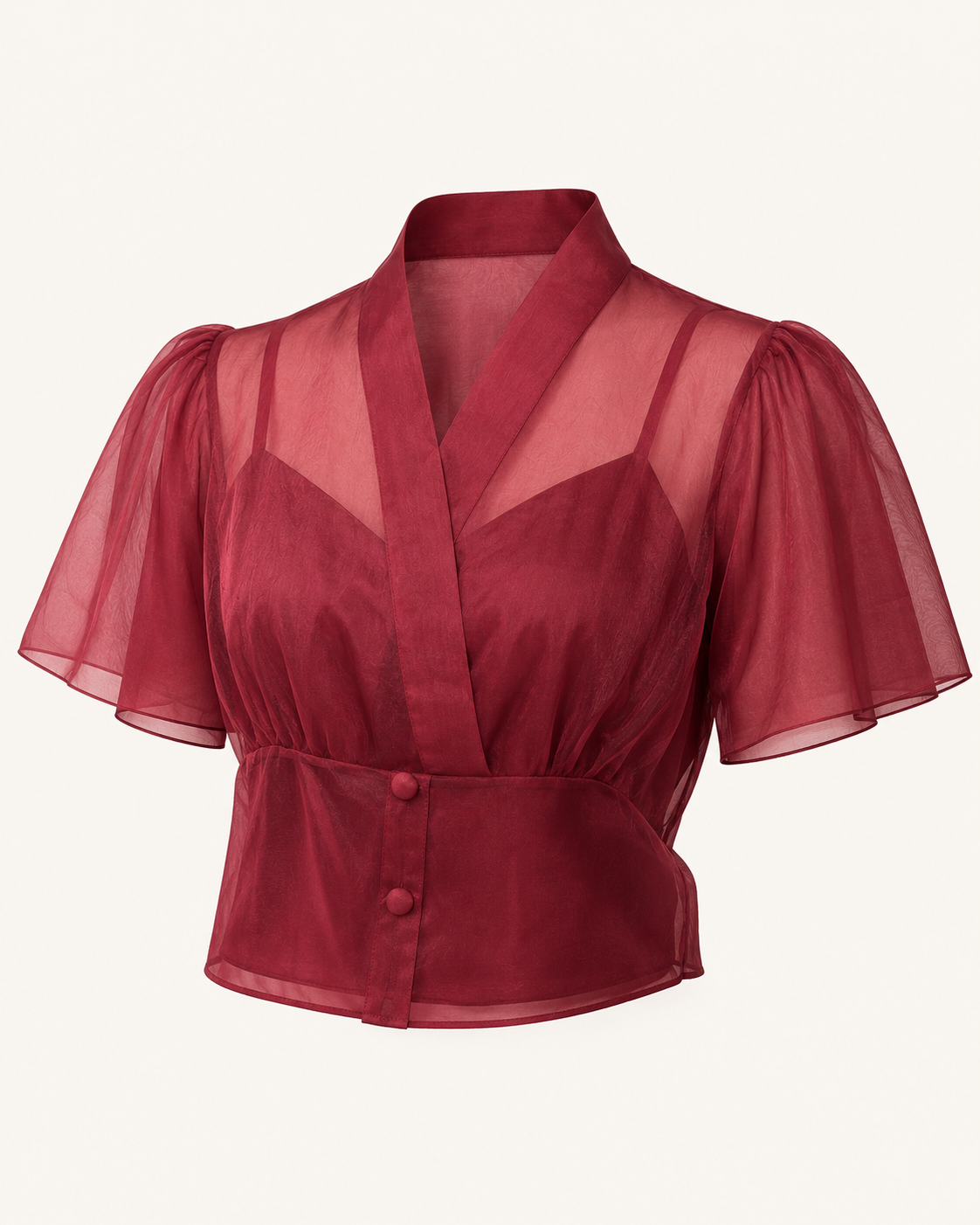 Red Muse burgundy organza shirt, outfit-only product image