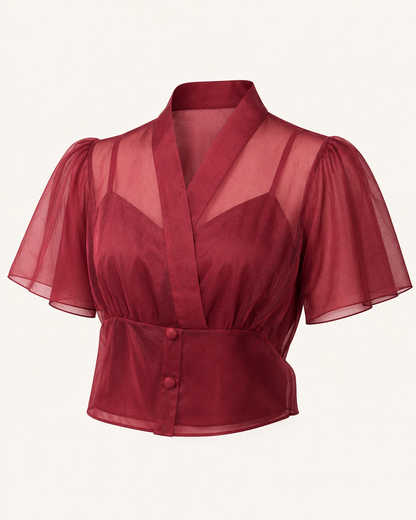 Red Muse burgundy organza shirt, outfit-only product image