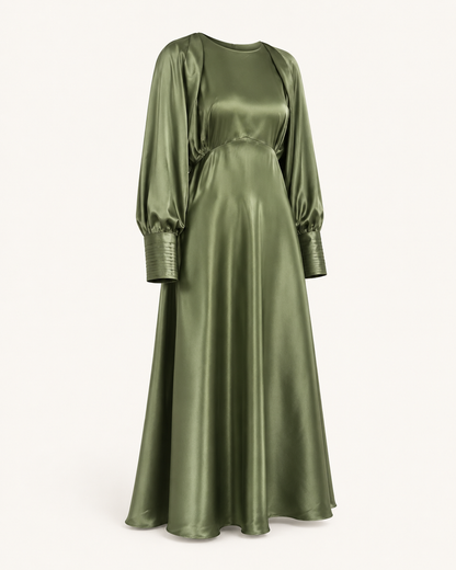 Sage green silk dress, outfit-only product image