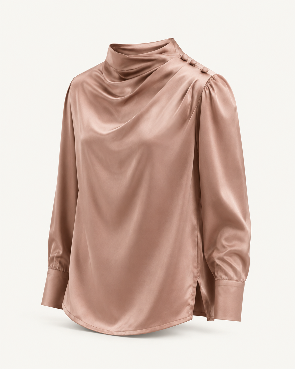 Satin Hour light brown silk shirt, outfit-only product image