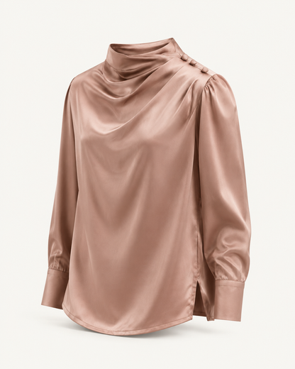 Satin Hour light brown silk shirt, outfit-only product image