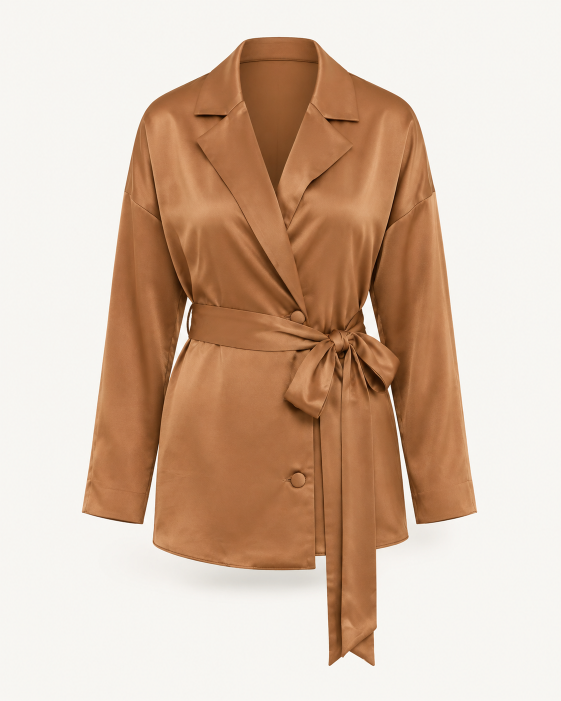Silken Trench caramel brown silk shirt, outfit-only product image