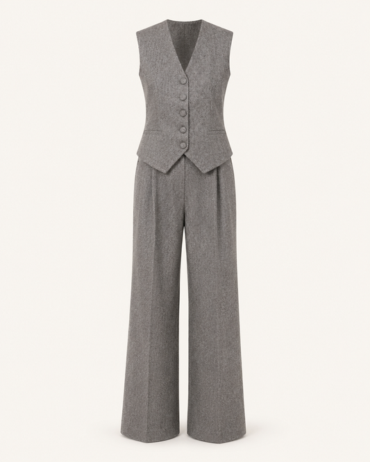 The Formal Edit grey wool vest and pants outfit-only image