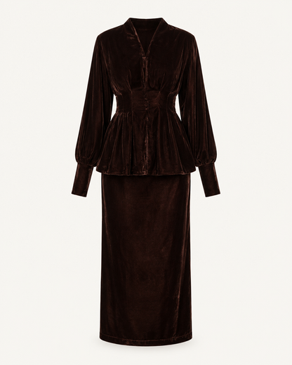 Velvet Whisper dark brown velvet shirt and skirt set - outfit only